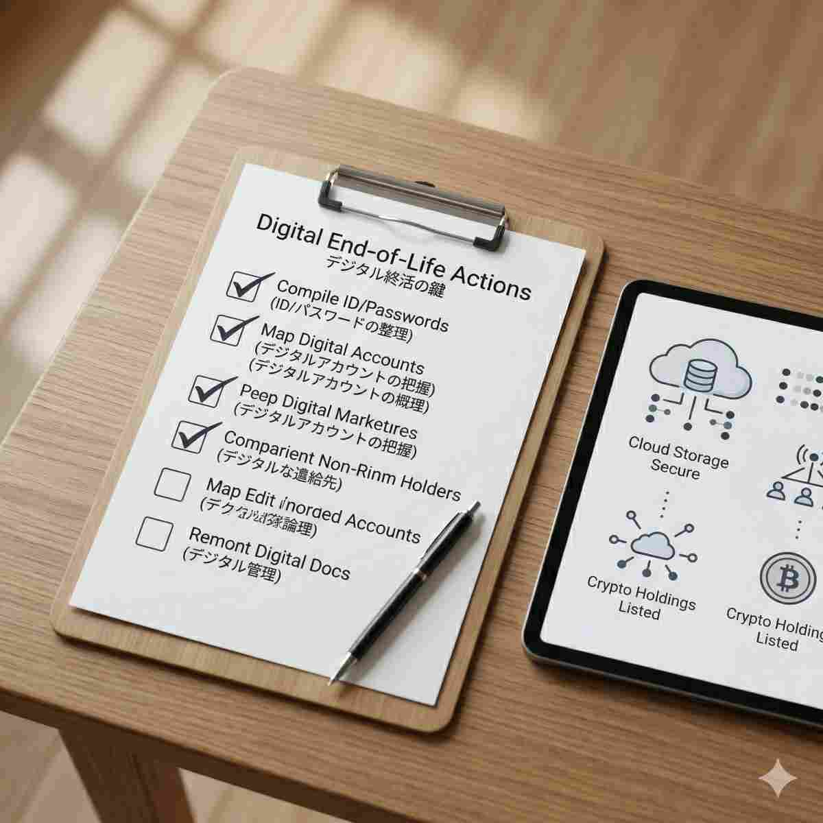 スタイリッシュな紙のチェックリストにいくつかチェックが入っている接写。その横にはクラウドやデータのアイコンが表示されたタブレットがある。ミニマルなインフォグラフィック形式で、真上から撮影したクリアな構図。