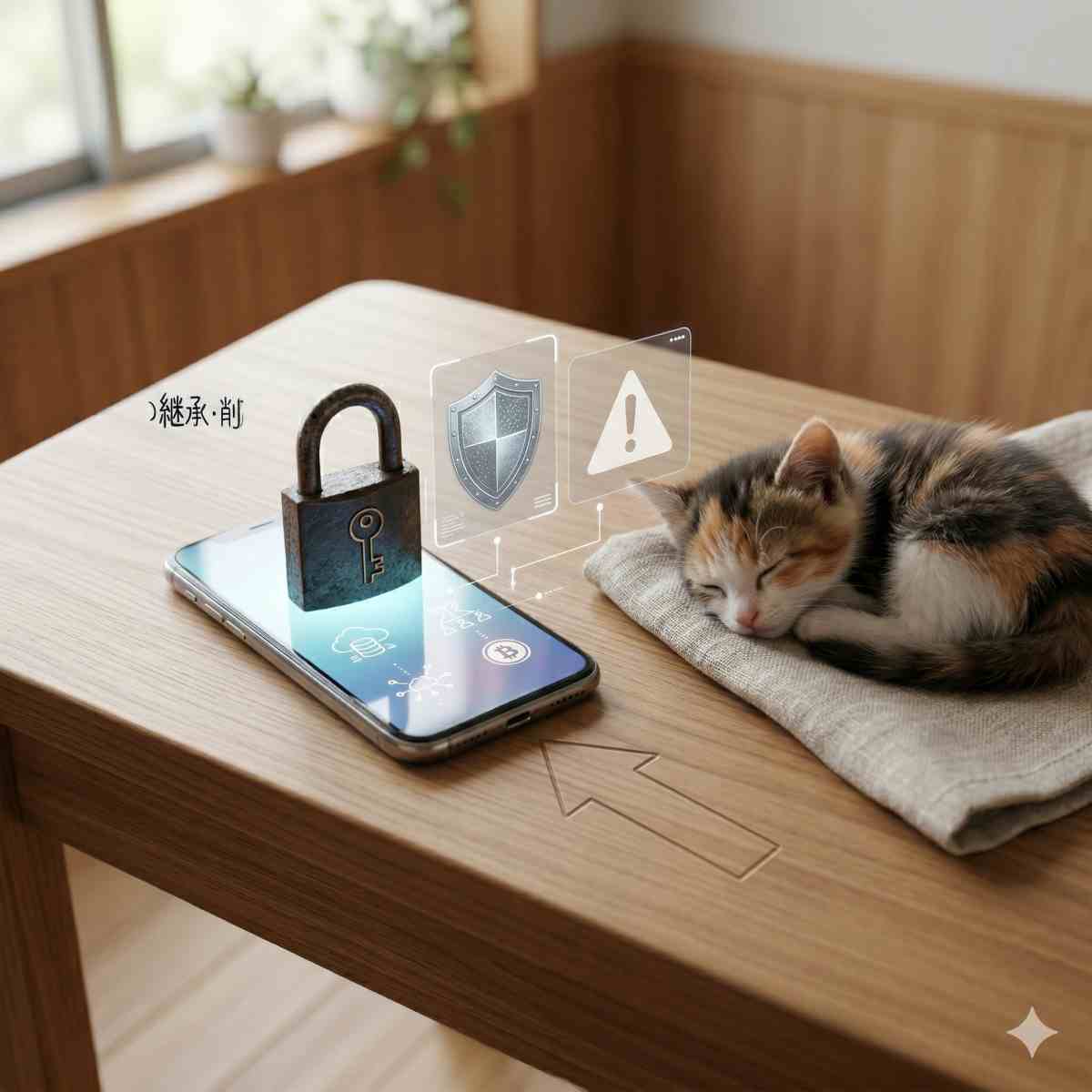 光るスマートフォンの画面の上に置かれた小さな鉄の南京錠の視覚的メタファー。その横で小さな子猫が安らかに眠っている。シールドのアイコンと文字のない警告サインを表示したインフォグラフィック要素。
