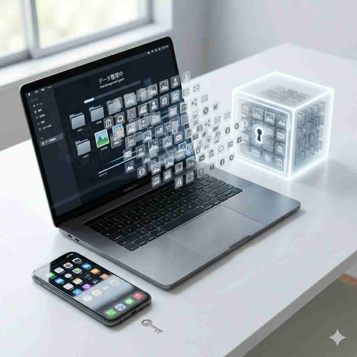 白いデスクの上に並んだ高級なノートパソコンとスマートフォン。フォルダや写真のアイコンが、光る箱の中に整然と整理されていく様子を描いた概念的なインフォグラフィック。清潔で整理整頓された雰囲気。

