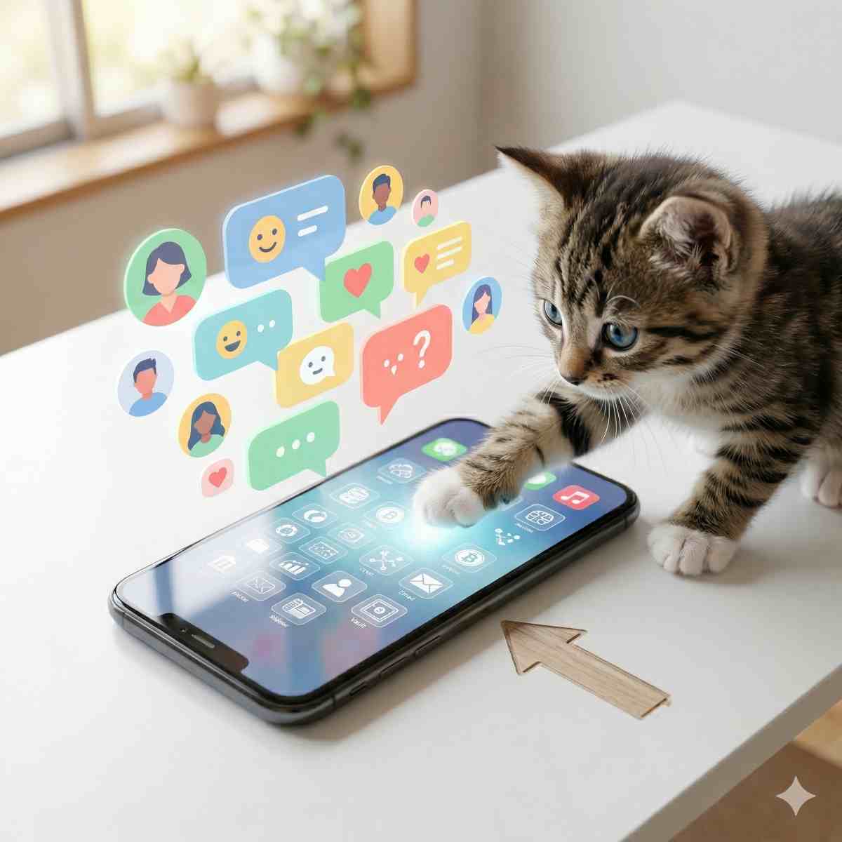 スマートフォンの上に浮かぶ、抽象的でカラフルな吹き出しとプロフィールアイコン。小さな子猫が前足で優しくスマホの画面に触れている。明るく親しみやすい雰囲気で、最小限のUIデザイン要素。
