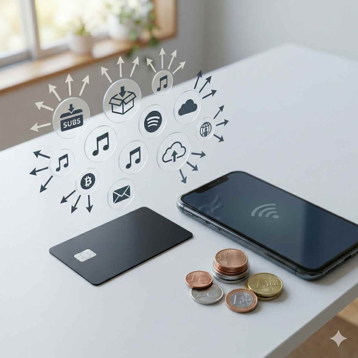 クレジットカードと、解約を意味する外向きの矢印がついた複数の円形アイコンを示すインフォグラフィック。スマートフォンの横に積まれた小さな硬貨。清潔でプロフェッショナルな照明、文字なし。

