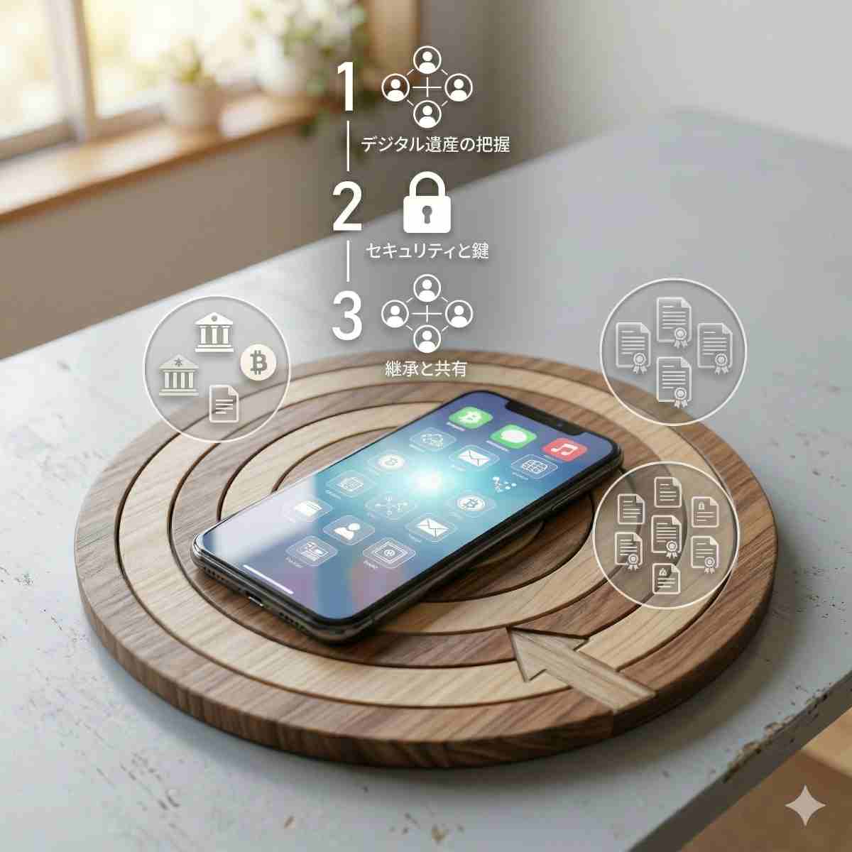 的の中心にある光るスマートフォン。その周囲を銀行や書類の小さなアイコンが囲んでいる。木製の表面に置かれたスマートフォンの高品質なマクロ写真。シンプルなインフォグラフィックのオーバーレイ。