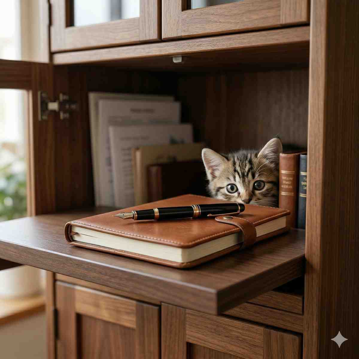 
木製のキャビネットの棚に置かれた、ペンが添えられた高品質なノート。ノートの後ろから小さな子猫が顔をのぞかせている。安全で安心できる家庭の雰囲気、自然光。
