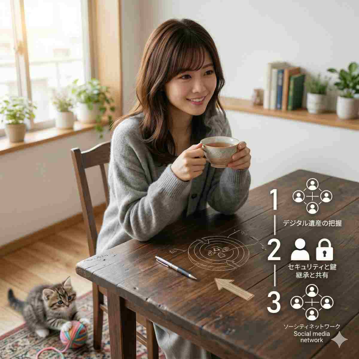 湯気の立つお茶を前に、ダイニングテーブルに座る20代の日本人女性。足元では子猫が毛糸玉で遊んでいる。リラックスしたカジュアルな会話の場面を伝える。柔らかな朝の光。
