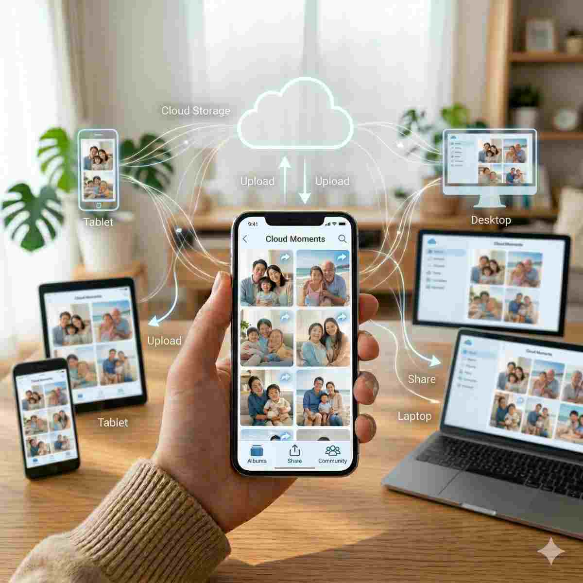  スマートフォンを中心に複数の端末がつながり、写真共有の仕組みをイメージしたシンプルな構図 