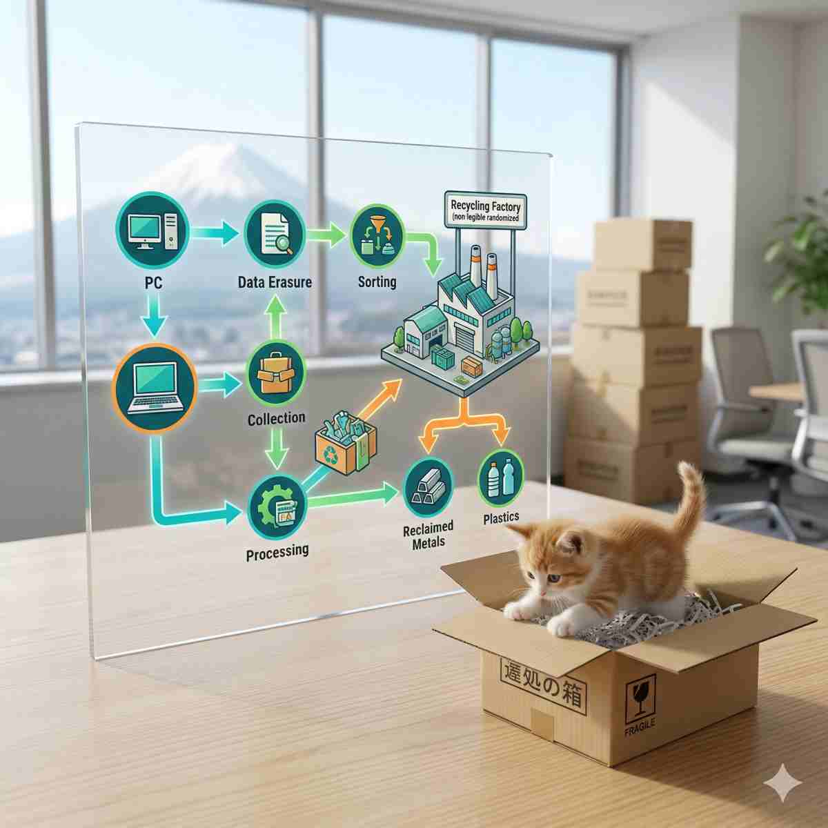 パソコンからリサイクル工場までのプロセスを描いたインフォグラフィック。段ボール箱で遊ぶ子猫が添えられた、明るくプロフェッショナルな高品質な写真。