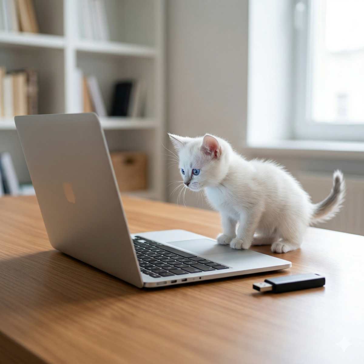 
清潔なデスクにノートパソコンが置かれ、小さな子猫が興味津々に画面を覗き込んでいる様子。パソコンの横にはUSBメモリがあり、柔らかな自然光が差し込む高品質な写真。
