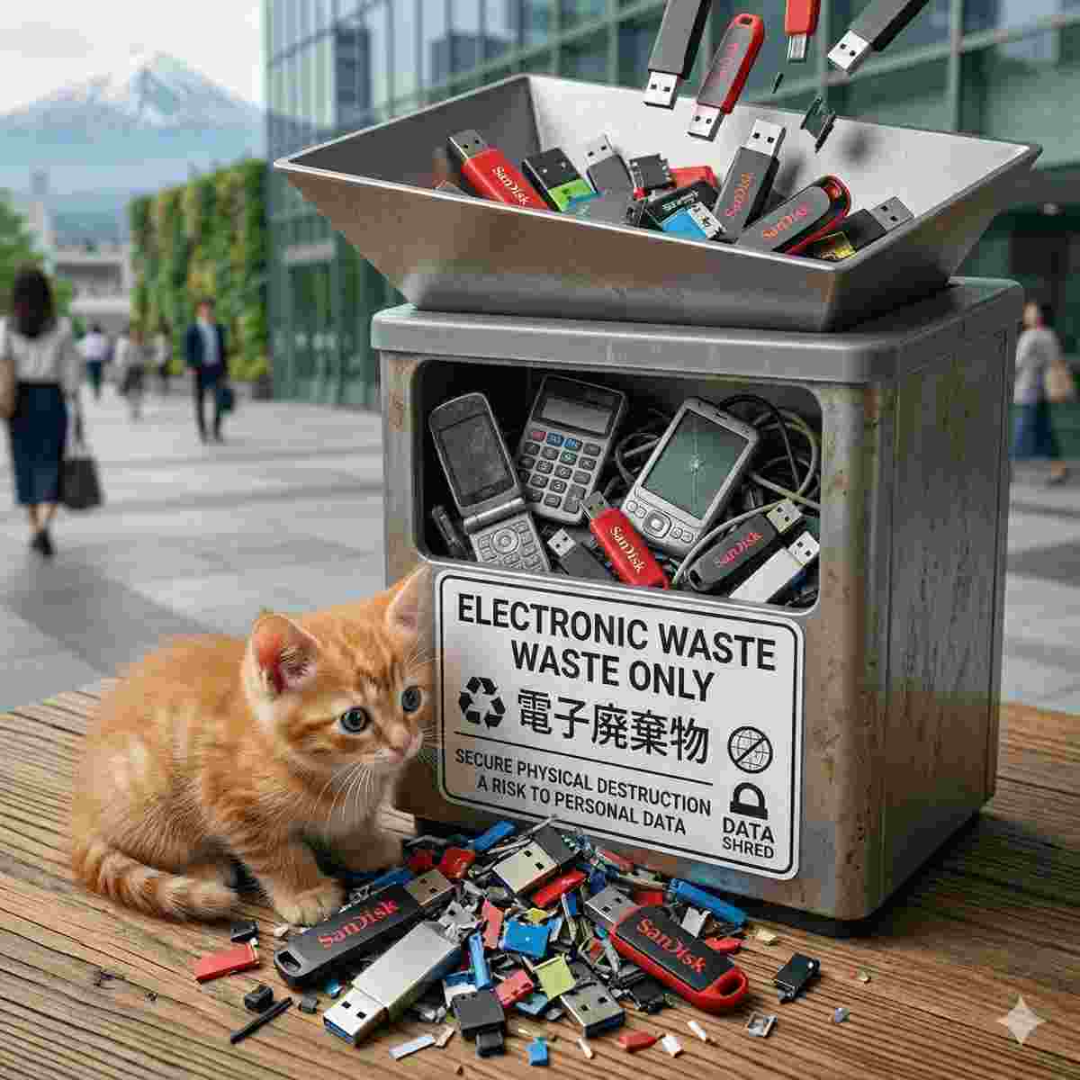 現代の都市環境において、いくつかのUSBメモリを含む様々な古い電子機器が入った、電子廃棄物を示す明確な看板があるリサイクルボックスのリアルな写真。
