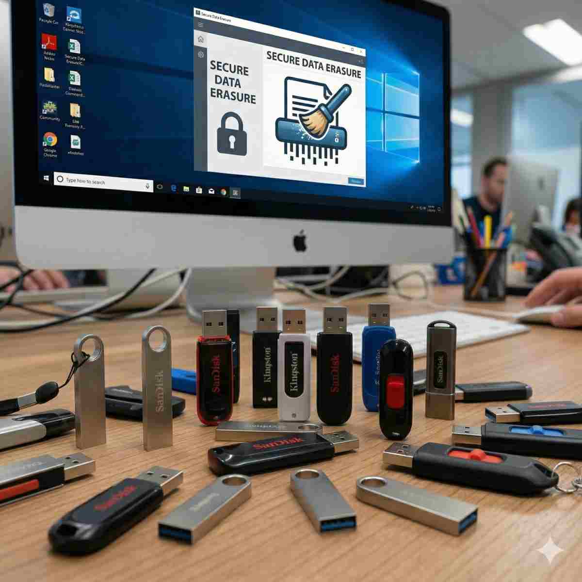 様々な種類のUSBメモリと、オフィスの環境でデータの安全な消去を示すアイコンが表示されたコンピュータ画面のリアルな写真。
