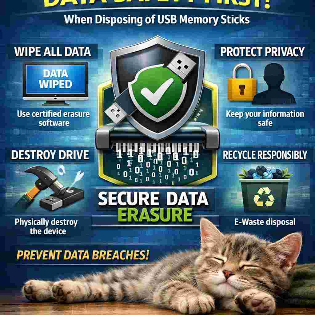 重要なポイントをまとめた概念的なインフォグラフィックで、USBメモリを処分する際に他の何よりもデータ安全性を優先する明確な視覚的階層と、安全なデータ消去を示す目立つアイコンが特徴的で、近くでリラックスした子猫がいる。

