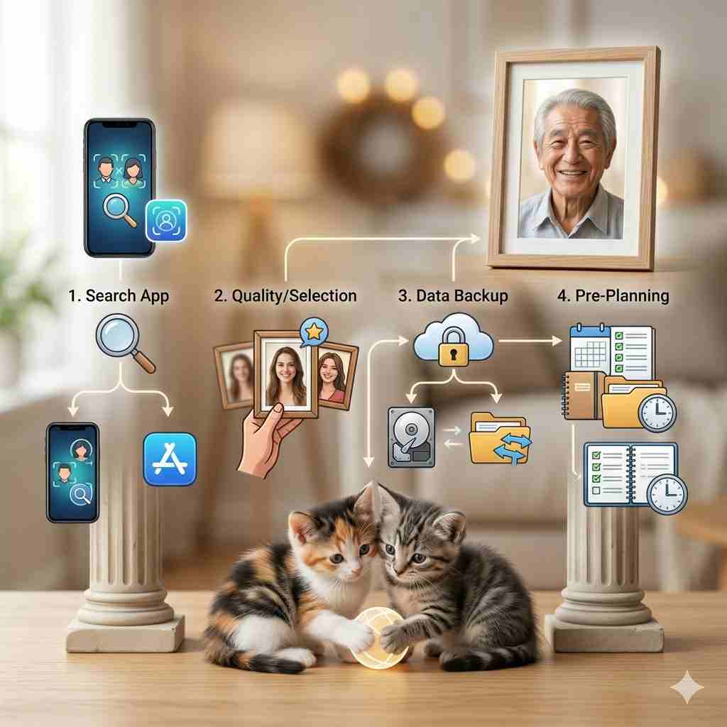 インフォグラフィック（テキスト最小限）。明確な分岐点を持つ4本の主要な柱を使用した包括的なまとめ。「1. アプリ検索」、「2. 品質/選択」、「3. データバックアップ」、「4. 事前準備」のような最小限のテキストラベル。各ステップの小さくてわずかなアイコン（以前のインフォグラフィックと同様）。ソフトで明るい光の中の、最後を飾る温かく微笑む高齢者の人物写真フレーム。2匹の幸せな子猫（三毛猫1匹、灰色のアメショー1匹）のグループが近くに座り、一緒に遊んでおり、平和、温かさ、そして永続的なつながりを象徴しています。クリーンでモダンなデザイン。


