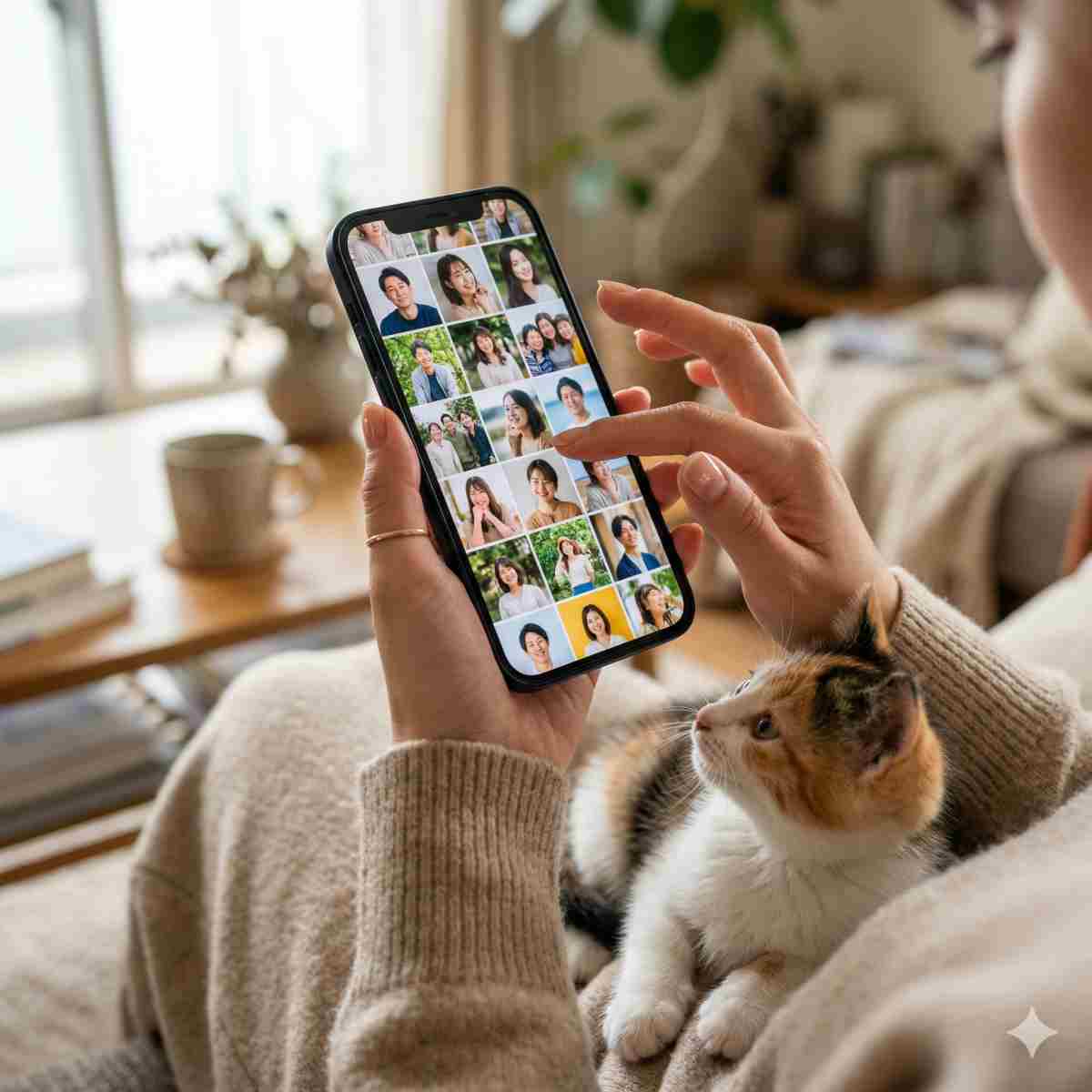 現代的なスマートフォンで写真ギャラリーアプリを優しくスクロールする20代の日本人女性の手の、焦点が絞られたマクロ写真。画面にはさまざまな人物写真のグリッドがはっきりと写っており、いくつかはわずかにぼやけていて、検索プロセスを示唆しています。小さくてふわふわの子猫（三毛猫など）が彼女の膝の上に座り、興味深げに画面を見ています。背景は、窓から日光が差し込むソフトフォーカスの温かみのあるリビングルームで、心地よい親密な雰囲気を作り出しています。画面上にはテキスト、ロゴ、またはUI要素はありません。
