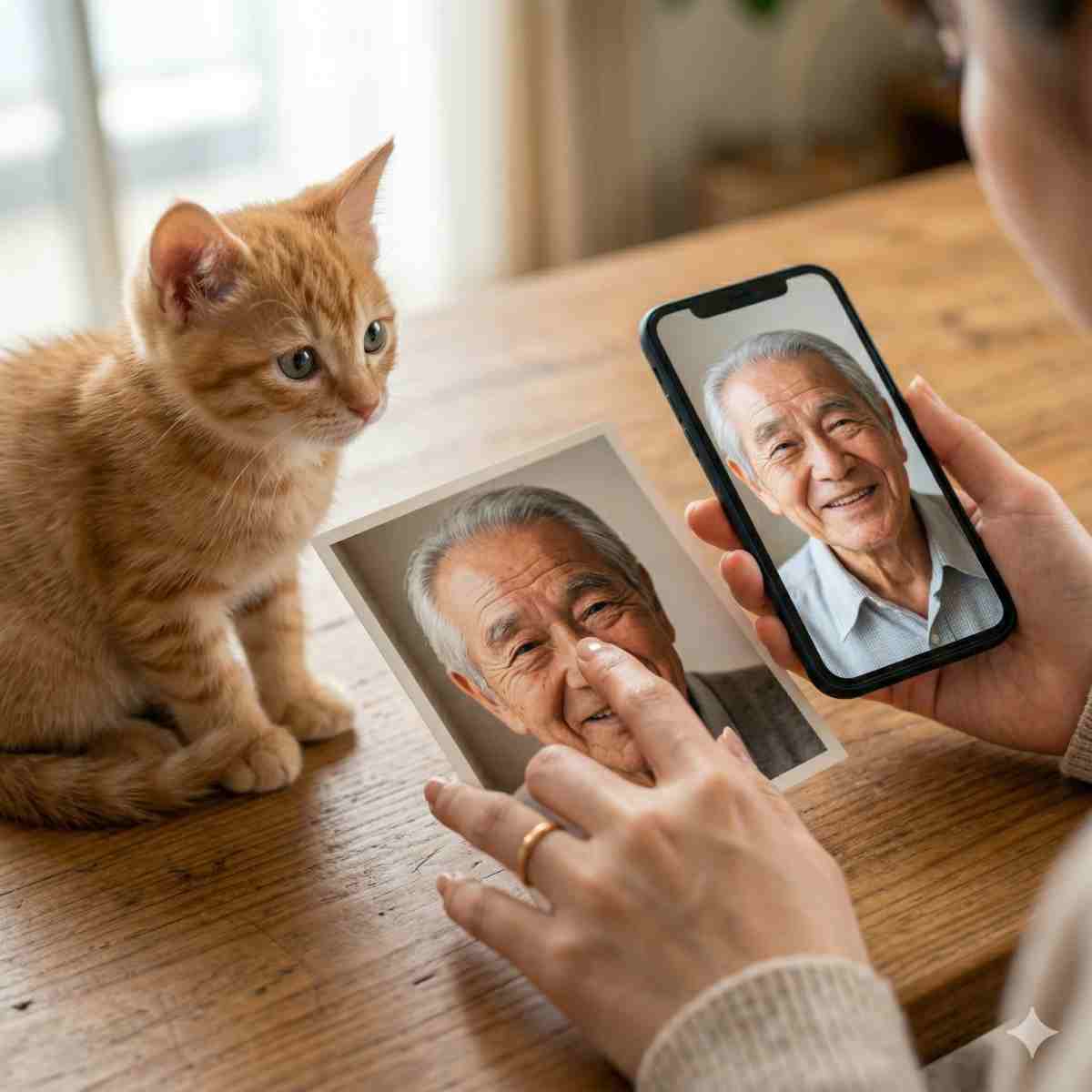 温かい木製のデスクの上に置かれた20代の日本人女性の手の、親密なマクロ写真。彼女の指は、微笑む高齢男性の印刷された写真を優しくたどっており、その横には同じ画像を表示するスマートフォンが置かれています。物理的な写真とデジタル写真の並置は、適切な思い出を見つけることを示唆しています。かわいいオレンジ色のトラ猫が近くに静かに座り、柔らかな目で写真を見ており、心地よい存在感を添えています。近くの窓からの自然光が、穏やかで希望に満ちた雰囲気を作り出しています。テキスト、ロゴ、またはUI要素はありません。
