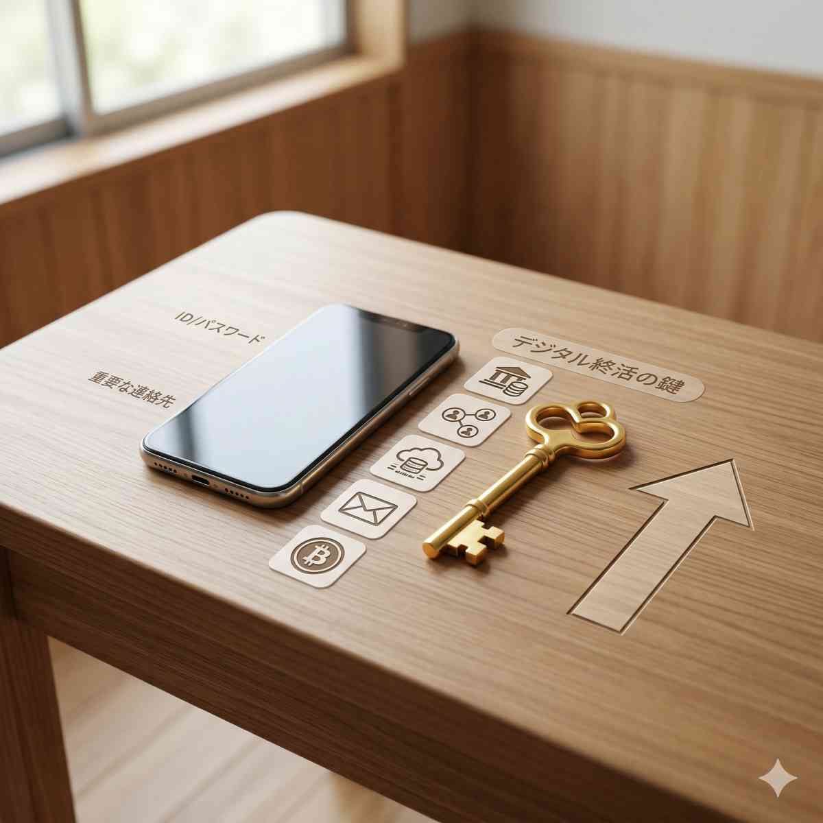 
清潔な木製のデスクの上に、スマートフォン、金の鍵、そしてデジタル資産を表すアイコンが積み重なったリストが置かれている。優先順位を示す上向きの矢印が描かれた、文字を最小限に抑えたインフォグラフィック。柔らかな自然光。
