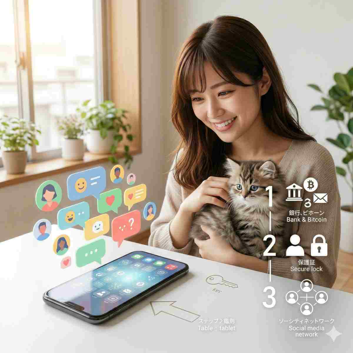 
明るい部屋でふわふわの子猫を抱き、優しく微笑む20代の日本人女性。彼女の横には、アイコンを使ったステップバイステップの図（1、2、3）があり、文字は極めて少ない。温かく協力的なムード。

