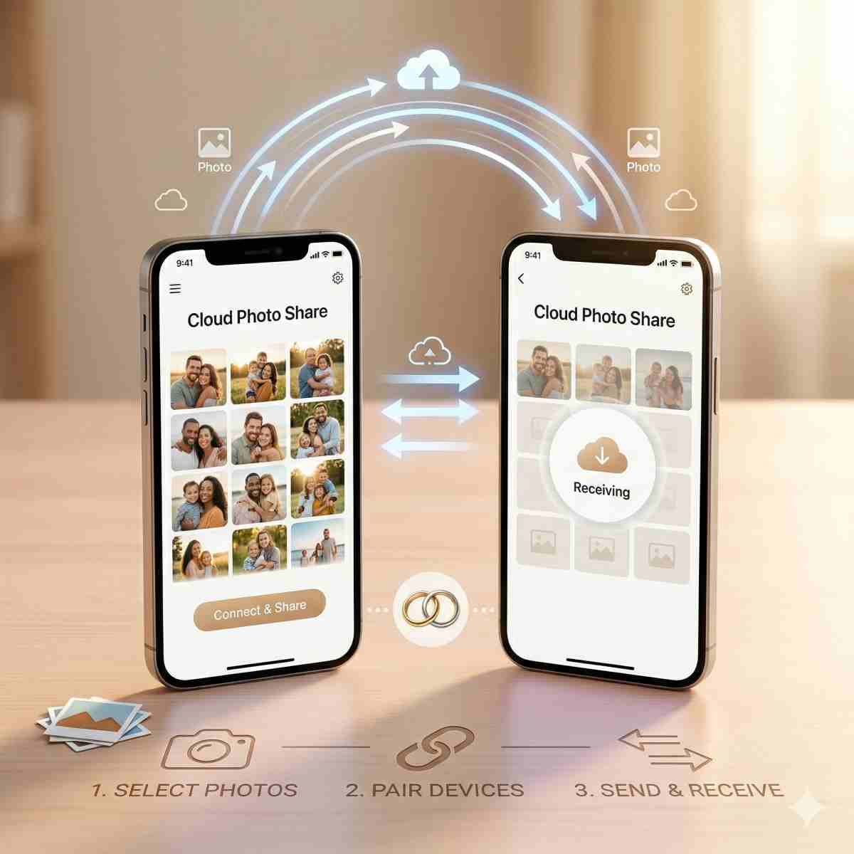 2台のスマートフォンが共有機能でつながっているイメージ 