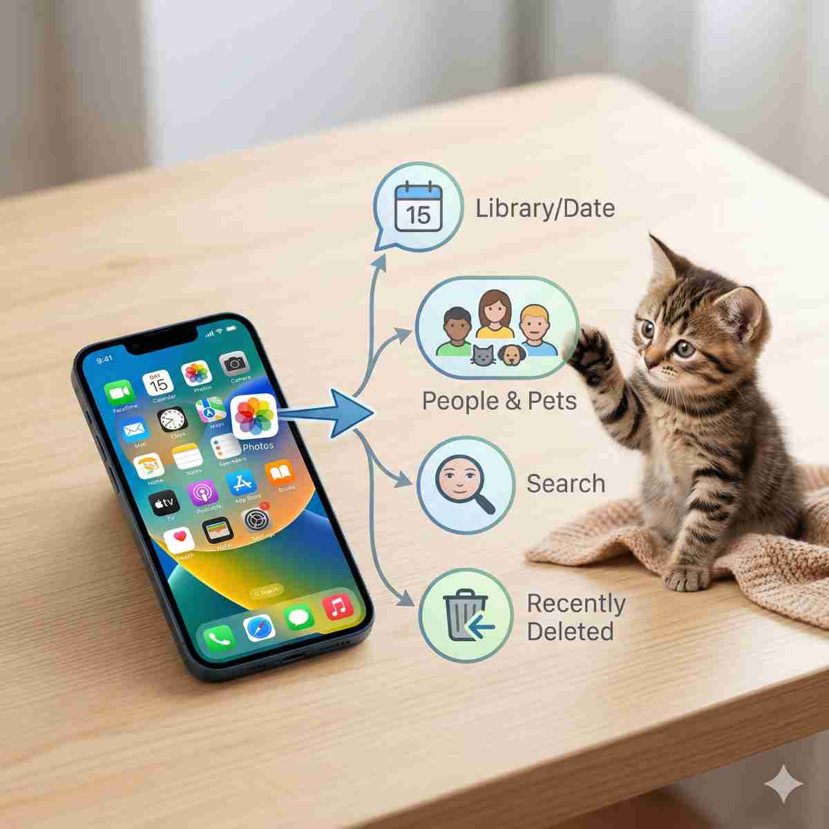 インフォグラフィック（テキスト最小限）。温かい木製のデスクの上に置かれたiPhoneを示す、クリーンでモダンなグラフィック。様式化された矢印が写真アプリのアイコンから4つの分岐するバブルを指しています。各バブルには簡単なアイコンが含まれています：1.カレンダー（ライブラリ/日付を表す）、2. 3つの様式化された人物のプロフィール（ピープル＆ペットを表す）、3.顔の上の虫眼鏡（検索を表す）、4.矢印の付いたゴミ箱（最近削除した項目を表す）。かわいいトラ猫が近くに座り、バブルの1つに足を触れており、親しみやすさを添えています。全体的な雰囲気はソフトで軽く、理解しやすいです。

