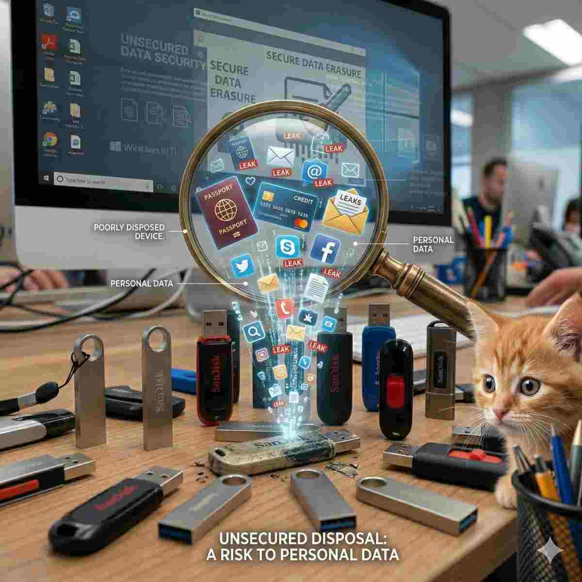 適切に処分されなかったUSBメモリから個人データが漏洩している様子を拡大鏡で焦点を当て、微細なテキストと好奇心旺盛に眺める子猫が特徴的な概念的なインフォグラフィック。
