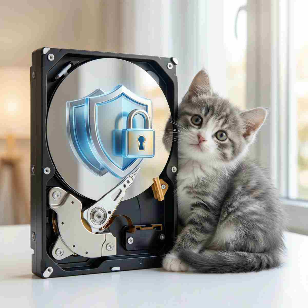 ハードディスクと盾、鍵のアイコンを組み合わせたインフォグラフィック。横には守るような仕草で座る子猫が描かれた、データ保護の必要性を示す高品質な写真。

