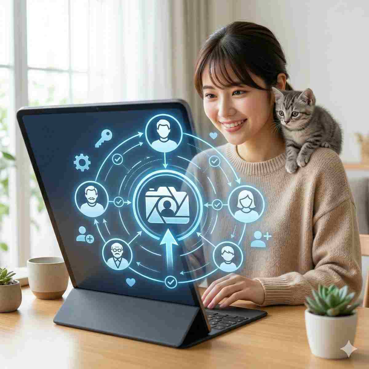 タブレット画面上の包括的なインフォグラフィック。中央の写真アイコンを囲む4つの家族メンバーのアイコンの輪。背景に20代の日本人女性と子猫。明るくポジティブな構成