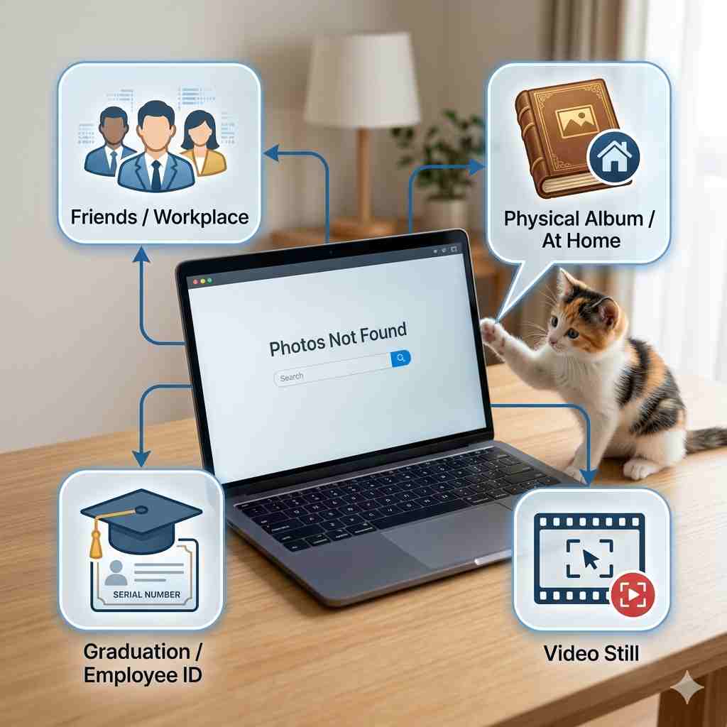 

インフォグラフィック（テキスト最小限）。写真が見つからない場合の、4つの分岐するオプションに囲まれた中央のノートパソコン。各オプションには簡単なアイコンがあります：1.様式化された「友人/同僚」のグループ（友人/職場を表す）、2.「自宅」アイコン付きの古い印刷アルバム（物理アルバム/自宅を表す）、3.様式化された文書付きの卒業帽（卒業アルバム/社員証を表す）、4.「スクリーンキャプチャ」シンボル付きのフィルムストリップアイコン（動画静止画を表す）。親切な三毛猫がバブルの1つを叩いており、親しみやすさを添えています。ソフトな照明とクリーンなレイアウト。
