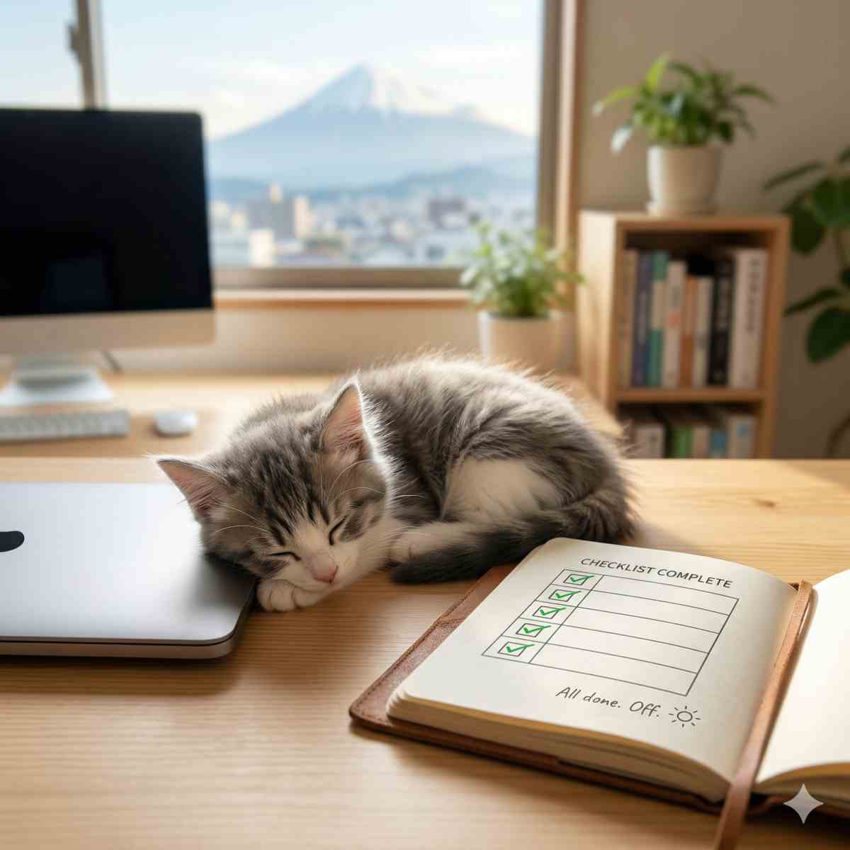 全ての項目にチェックが入ったチェックリスト。閉じたパソコンの横でデスクに寝そべる子猫が描かれた、安心感と完了を表現する高品質な写真。

