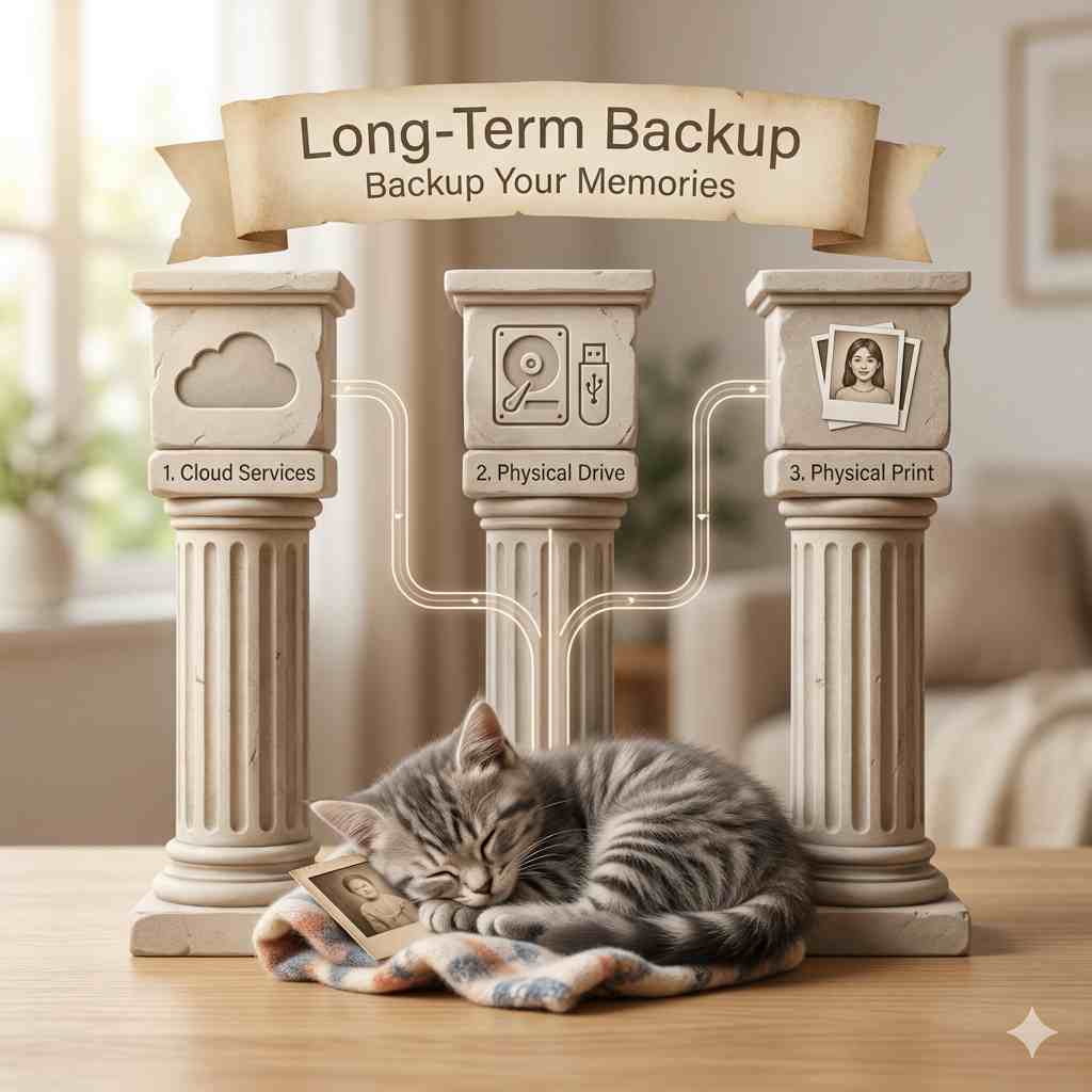 インフォグラフィック（テキスト最小限）。3つの保管方法を表す3本の柱の中央グラフィック：1.雲アイコン（クラウドサービスを表す）、2.外付けHDD/USBアイコン（物理ドライブを表す）、3.物理写真プリントアイコン（プリントを表す）。全体を覆うバナーには、最小限のテキストで「長期バックアップ」と書かれています。眠そうな灰色のアメショー（トラ猫）が柱の根元で心地よさそうに丸まっており、永続的な快適さと安全性を象徴しています。ソフトで温かみのある色とクリーンなレイアウト。
