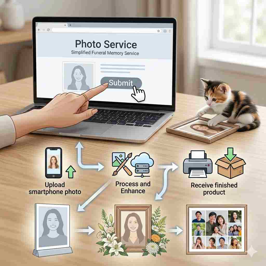 インフォグラフィック（テキスト最小限）。木製のデスクの上に置かれたノートパソコンで、「遺影写真サービス」の簡略化されたWebインターフェースを表示しています（「写真サービス」が見える一般的なプレースホルダー）。手（以前の画像と同じ日本人女性のもの）がボタンをクリックしています。下に、3つの様式化された出力フレームが表示されています：1.シンプルな写真パネル、2.花付きの写真フレーム、3.グループ写真。スマートフォンの写真をアップロードし、完成品を受け取るまでの様式化されたステップ。遊び好きな三毛猫が完成した写真フレームを叩いています。テキストは最小限で、鮮明度が高い。

