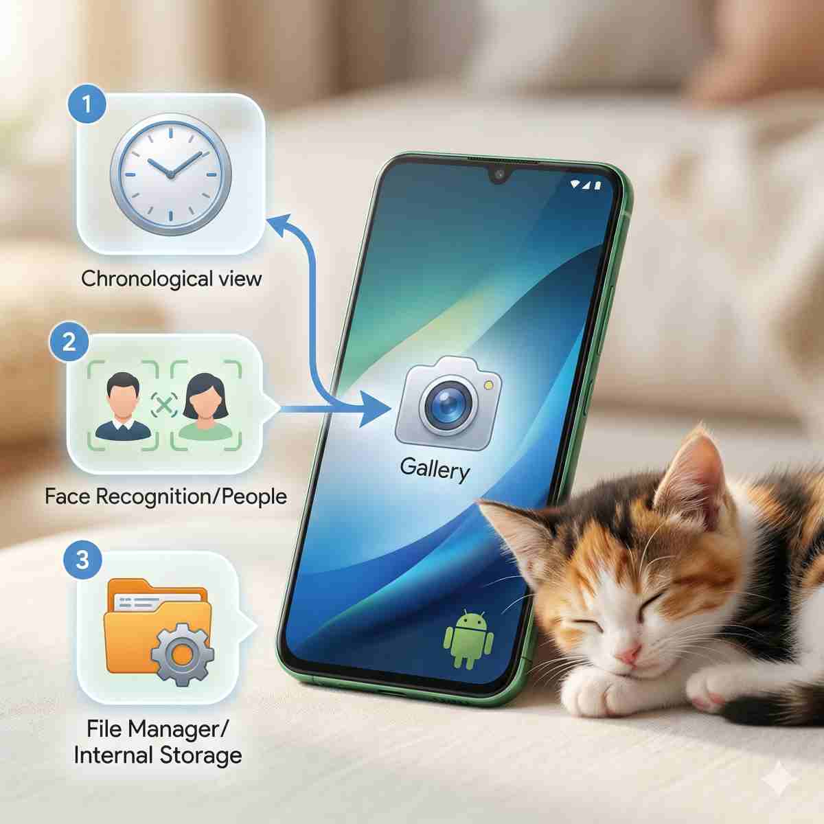 インフォグラフィック（テキスト最小限）。中央に標準的なAndroidスマートフォンが置かれ、下部の近くに緑色のAndroidロボットがわずかに統合されています。矢印がギャラリーアプリ（一般的なカメラアイコン）から3つの別々のバブルを指しています。各バブルには簡単なアイコンが含まれています：1.時計（時系列ビューを表す）、2.「検出」シンボルが付いた2つのプロフィールアイコン（顔認識/ピープルを表す）、3.歯車の付いたフォルダーアイコン（ファイルマネージャー/内部ストレージを表す）。三毛猫が携帯電話の横に横たわり、満足げにうたた寝をしており、温かい雰囲気を高めています。テキストラベルは最小限で、視覚的な表現に焦点を当てています。
