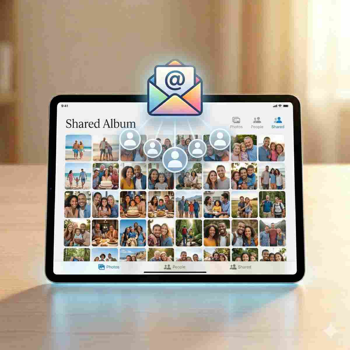 タブレットに表示された共有アルバムと招待アイコンのイメージ