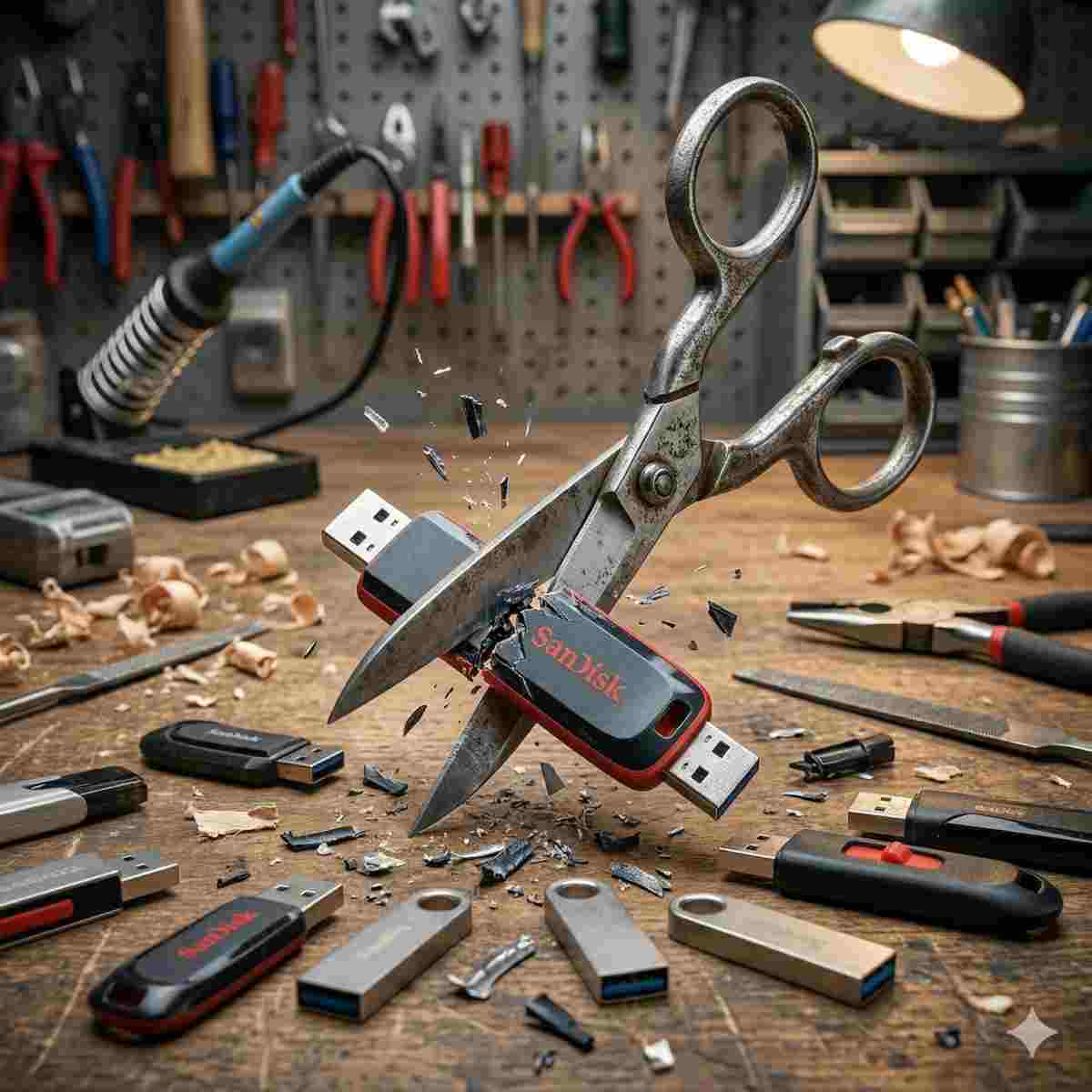 ワークショップのテーブル上で、ハサミがUSBメモリを物理的に切断しており、プラスチックと金属の破片が散らばっているリアルな写真。
