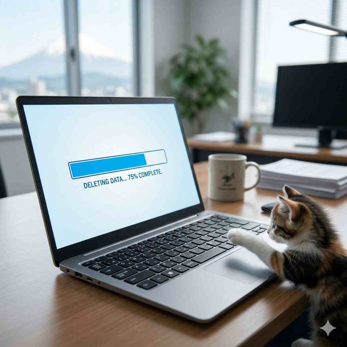Windowsノートパソコンの画面にデータ消去の進行状況バーが表示されている様子。キーボードに手を伸ばす子猫の肉球が写り込んだ、清潔感のある高品質な写真。