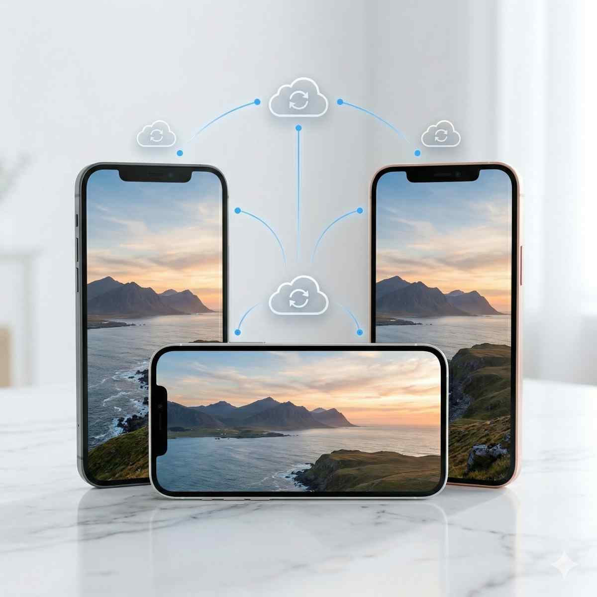  複数のスマートフォンで同じ写真が同期されているイメージ