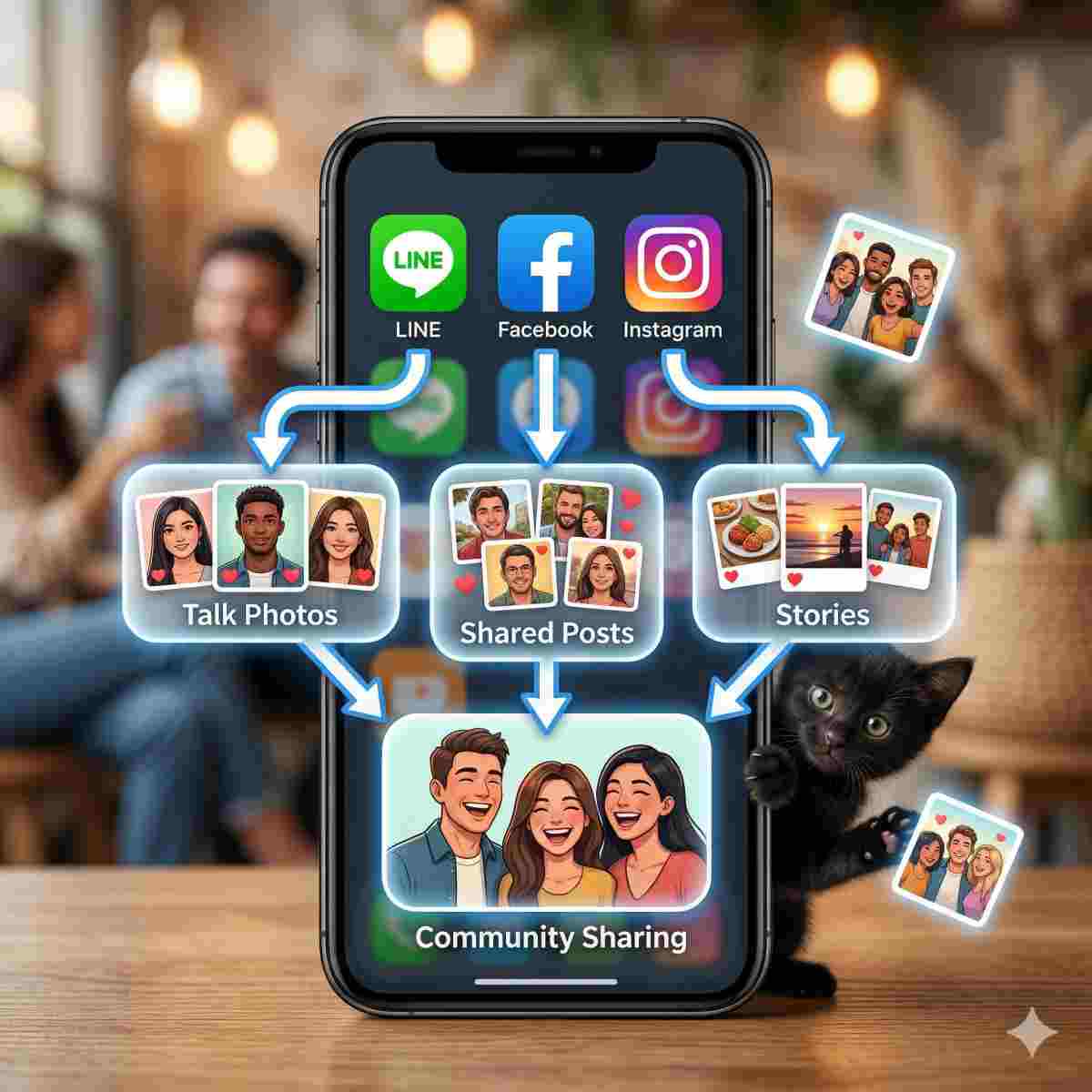 インフォグラフィック（テキスト最小限）。アプリ（LINE（緑色のチャットバブル）、Facebook（青色の「f」）、Instagram（カメラの絵文字））のアイコンのグリッドを示すスマートフォン画面のクローズアップ。各アプリからの様式化された矢印が、小さなハートの付いた人物写真アイコンを含むバブルを指しています。下には、3人の様式化された友人または家族が笑っているグループを示す大きなバブルがあります。遊び好きな黒猫が携帯電話の後ろから覗き、浮かんでいる写真アイコンを叩いているのが見えます。背景は、優しくぼやけた、温かく照らされた社会的背景です。「トーク写真」や「投稿」のようなミニマリストのラベル。
