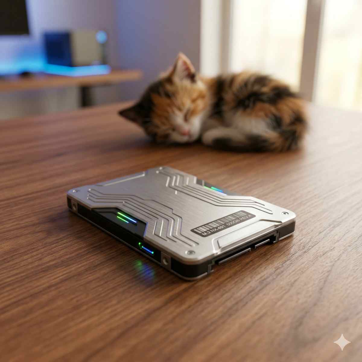 木製テーブルの上に置かれた最新のSSDドライブの接写。背景には安らかに眠る子猫が写り、ハイテクながらも安心感のある高品質な写真。
