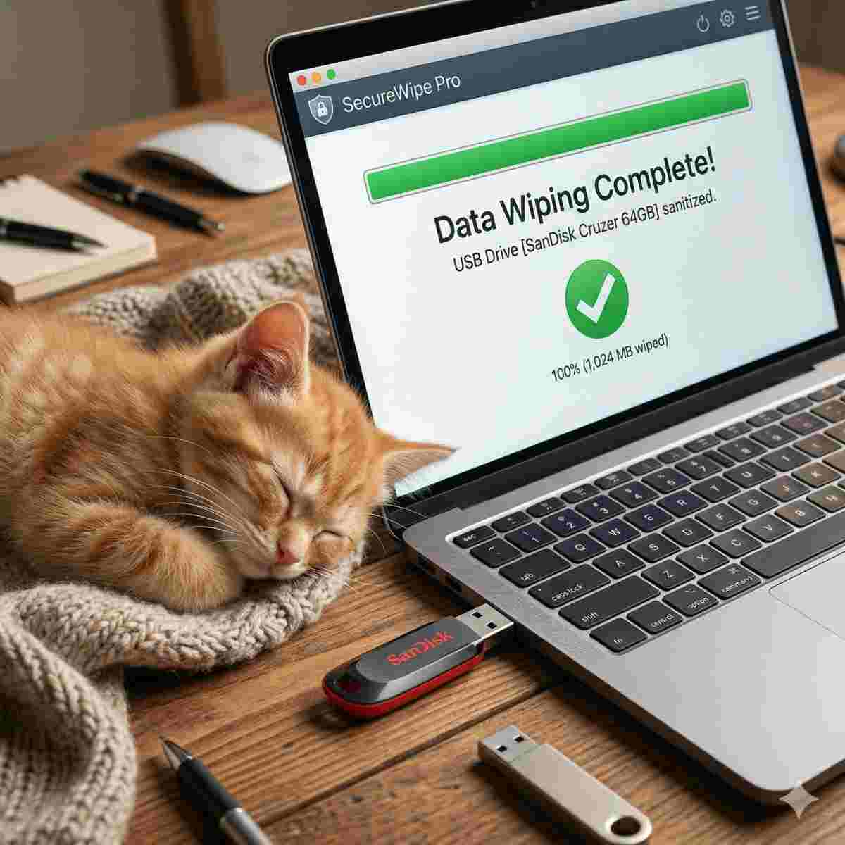 接続されたUSBメモリからのデータ消去が成功したことを示す進捗バーが表示されたソフトウェアインターフェースを映し出すノートパソコンと、近くで眠る小さな子猫のリアルな写真。
