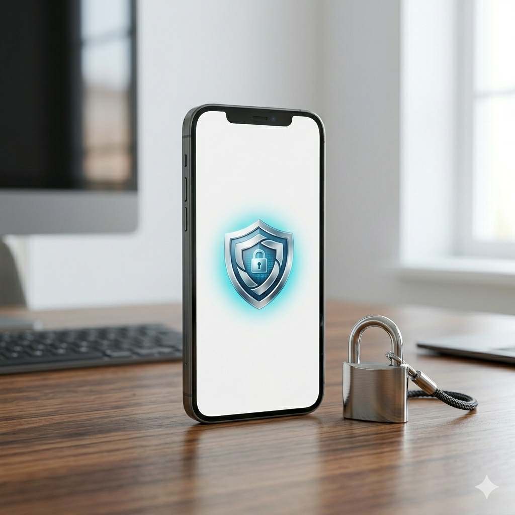 洗練されたスマートフォンの横に置かれた小さな銀色の南京錠。画面には盾のアイコンが表示され、セキュリティとプライバシーを強調している。柔らかなボケ背景