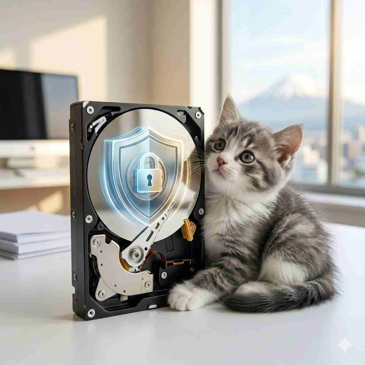 
白いデスクに置かれたスタイリッシュなアルミボディのノートパソコン。画面を見つめる子猫が座っており、ミニマリストで明るく清潔な雰囲気の高品質な写真。
