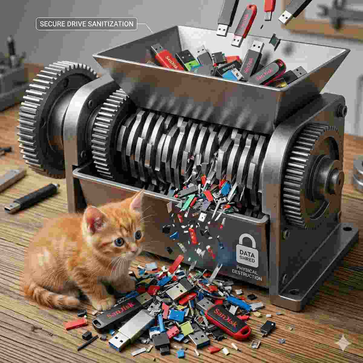 大型の工業用シュレッダーがUSBメモリを効果的に破壊している様子を描いた概念的なインフォグラフィックで、文字は最小限に抑えられ、裁断された破片を興味深く眺める可愛らしい子猫が描かれている。