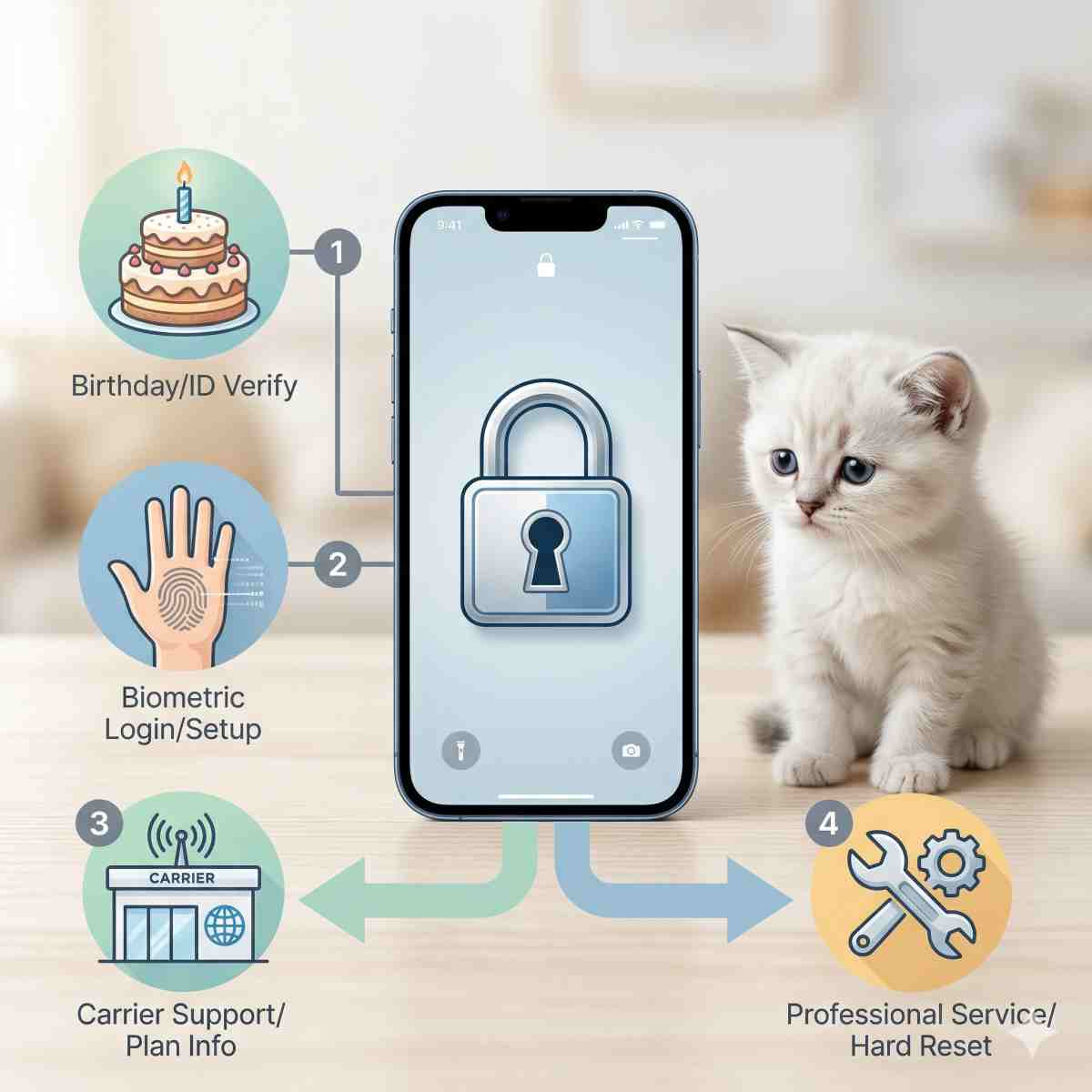 インフォグラフィック（テキスト最小限）。画面に様式化された南京錠アイコンが重ねられたスマートフォンの中央画像。その下に、4つの明確で分岐するオプションが提示されています。各オプションには簡単なアイコンがあります：1.誕生日ケーキ（誕生日を表す）、2.指紋パターンのある手（生体認証を表す）、3.通信キャリアのロゴ形状の建物（キャリアサポートを表す）、4.レンチと歯車（専門サービスを表す）。心配そうな表情の白い子猫が携帯電話の横に座り、感情的な困難を強調しています。ソフトな色とシンプルなステップバイステップのレイアウト。