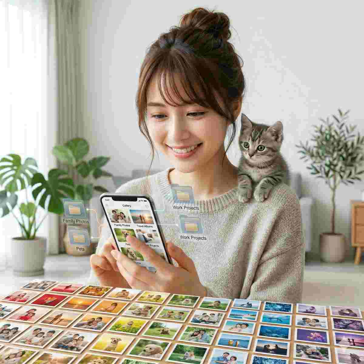  整理されたアルバムを眺める子猫と、スマートフォンに表示された写真フォルダのイメージ