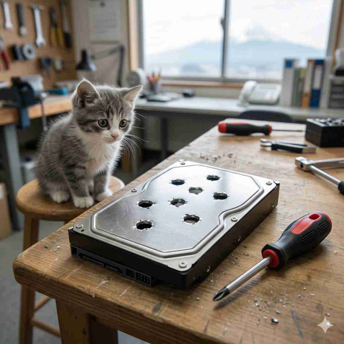 表面にドリルの穴が数箇所開けられたハードディスク。近くにはドライバーなどの工具があり、遠くから様子を伺う子猫が写っている高品質な写真。
