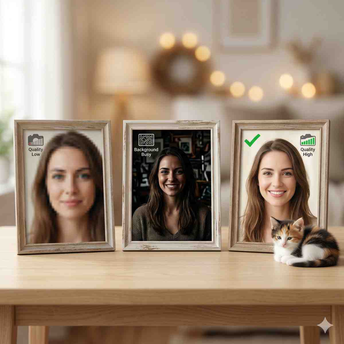 インフォグラフィック（テキスト最小限）。様式化された3つのフォトフレームを使用した視覚的な比較。左のフレームは、ぼやけてピクセル化された人物写真と「品質低」アイコンを示しています。中央のフレームは、複雑で暗い背景で微笑む女性を「背景複雑」アイコンとともに示しています。右のフレームは、ソフトで明るい背景で、鮮明で明るく微笑む人物写真を「品質高」とチェックマークアイコンとともに示しています。小さな三毛猫が右のフレームの横で丸まっており、それを好ましい選択肢として強調しています。背景は、穏やかな光で柔らかく照らされています。