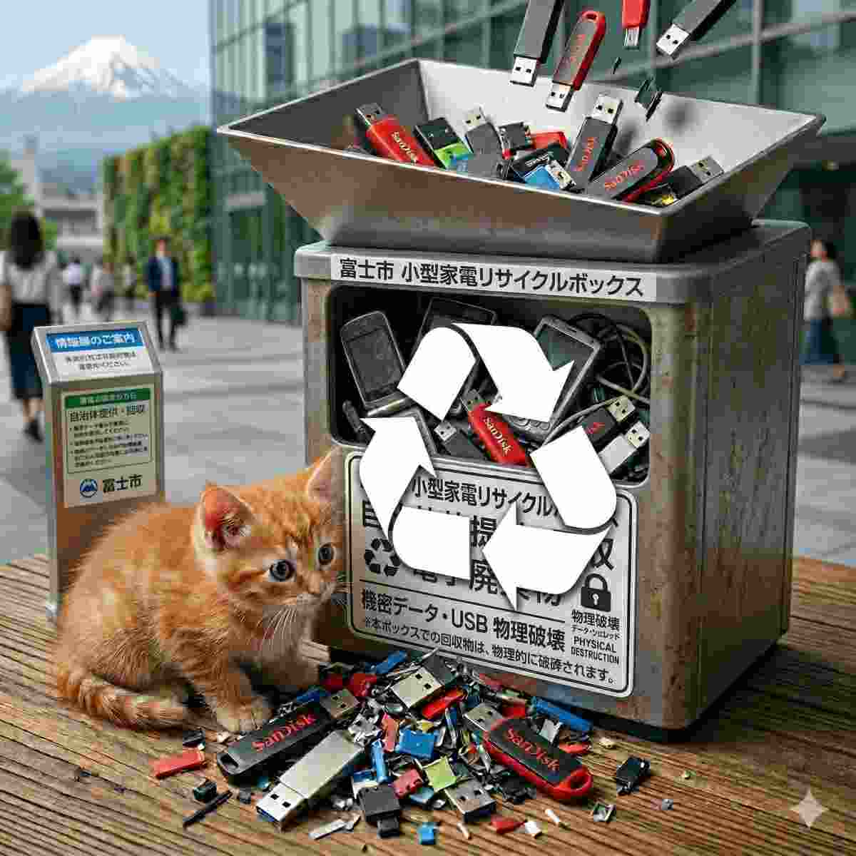 自治体によって提供され、アクセスしやすい公共エリアに設置された、標準化された小型家電リサイクルボックスのリアルな写真。