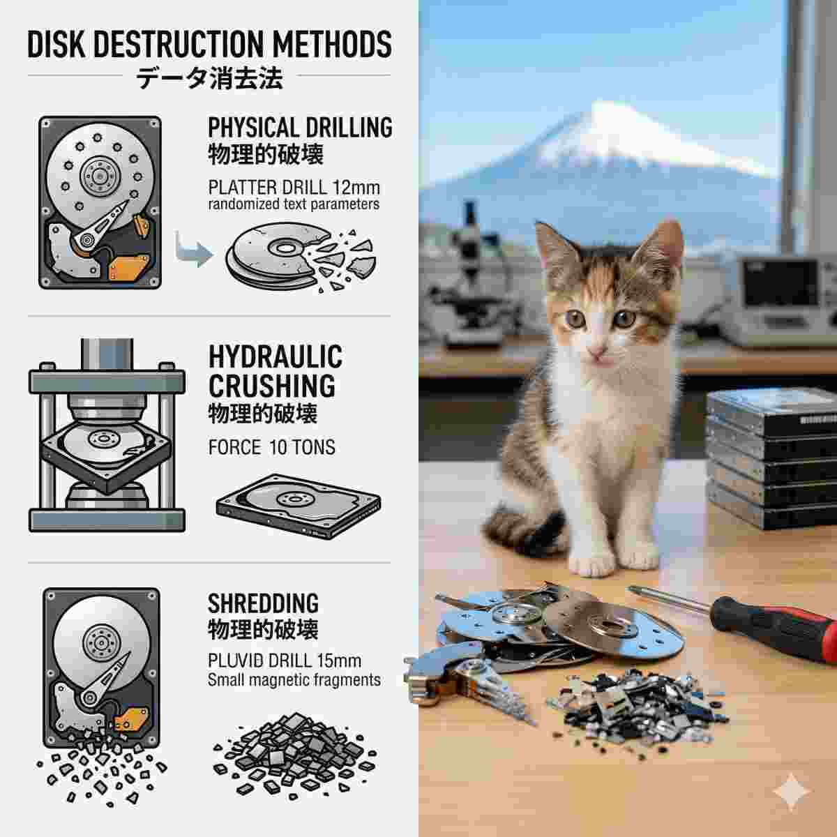 ディスク破壊方法の比較インフォグラフィック。粉砕されたハードディスクの部品の山の横に座る子猫が描かれた、整理された高品質な写真。
