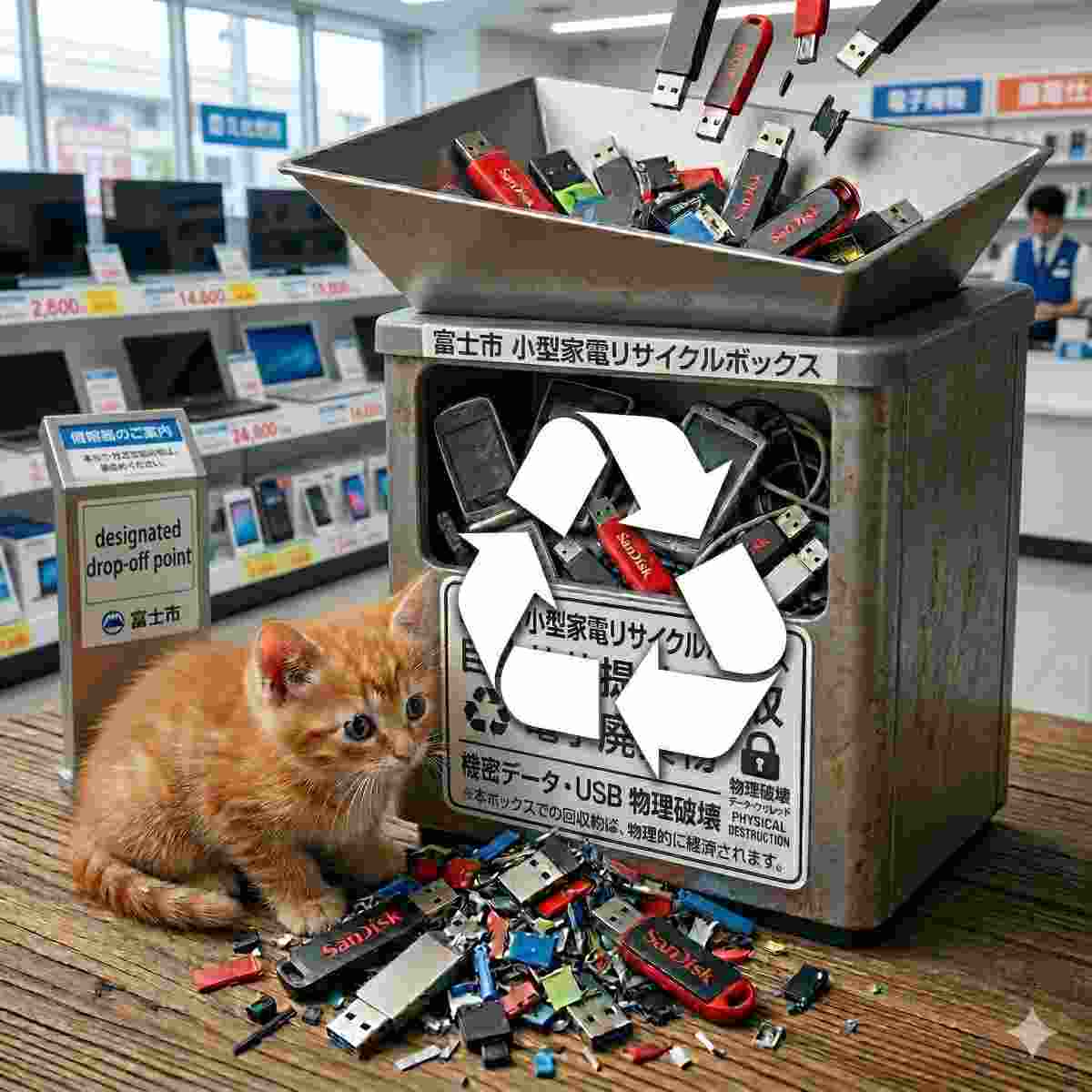 リサイクルのために古い電子機器を返却するための、明るい家電量販店内の指定された回収場所で、コレクションボックスの近くで楽しそうに遊ぶ可愛らしい子猫のリアルな写真。
