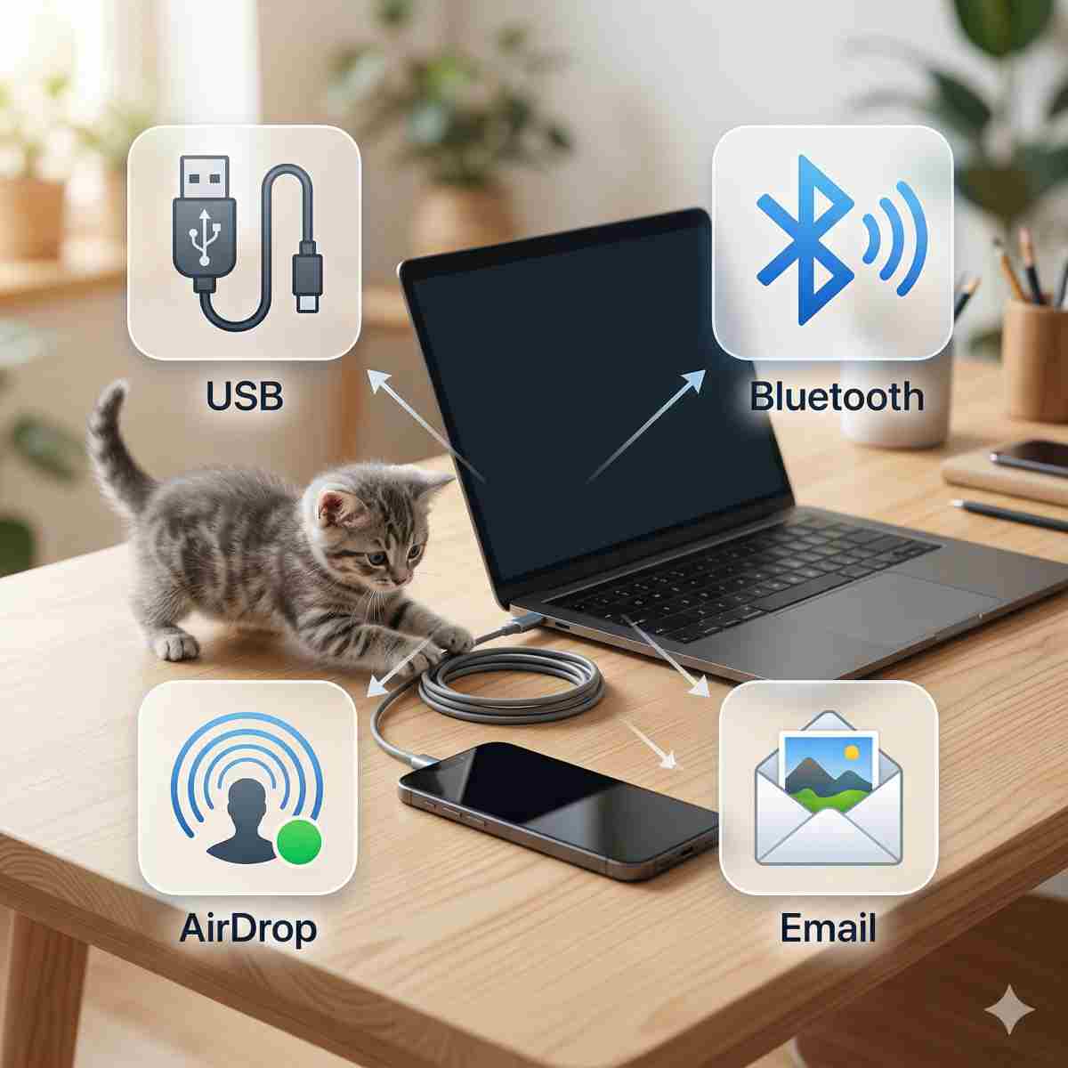 インフォグラフィック（テキスト最小限）。クリーンな木製のデスクの上で、USBケーブルでスマートフォンに接続されたノートパソコンの中央画像。接続部からの分岐グラフィックが4つの転送アイコンを示しています：1.矢印付きのUSBケーブルアイコン（USBを表す）、2.波付きのBluetoothシンボル（Bluetoothを表す）、3. AirDropアイコン（様式化された放射状信号）（AirDropを表す）、4.写真が添付された封筒アイコン（メールを表す）。灰色のアメショー（トラ猫）がUSBケーブルで遊んでおり、親しみやすいキャラクターを添えています。全体的なスタイルはクリーンでモダン、そして理解しやすいです。
