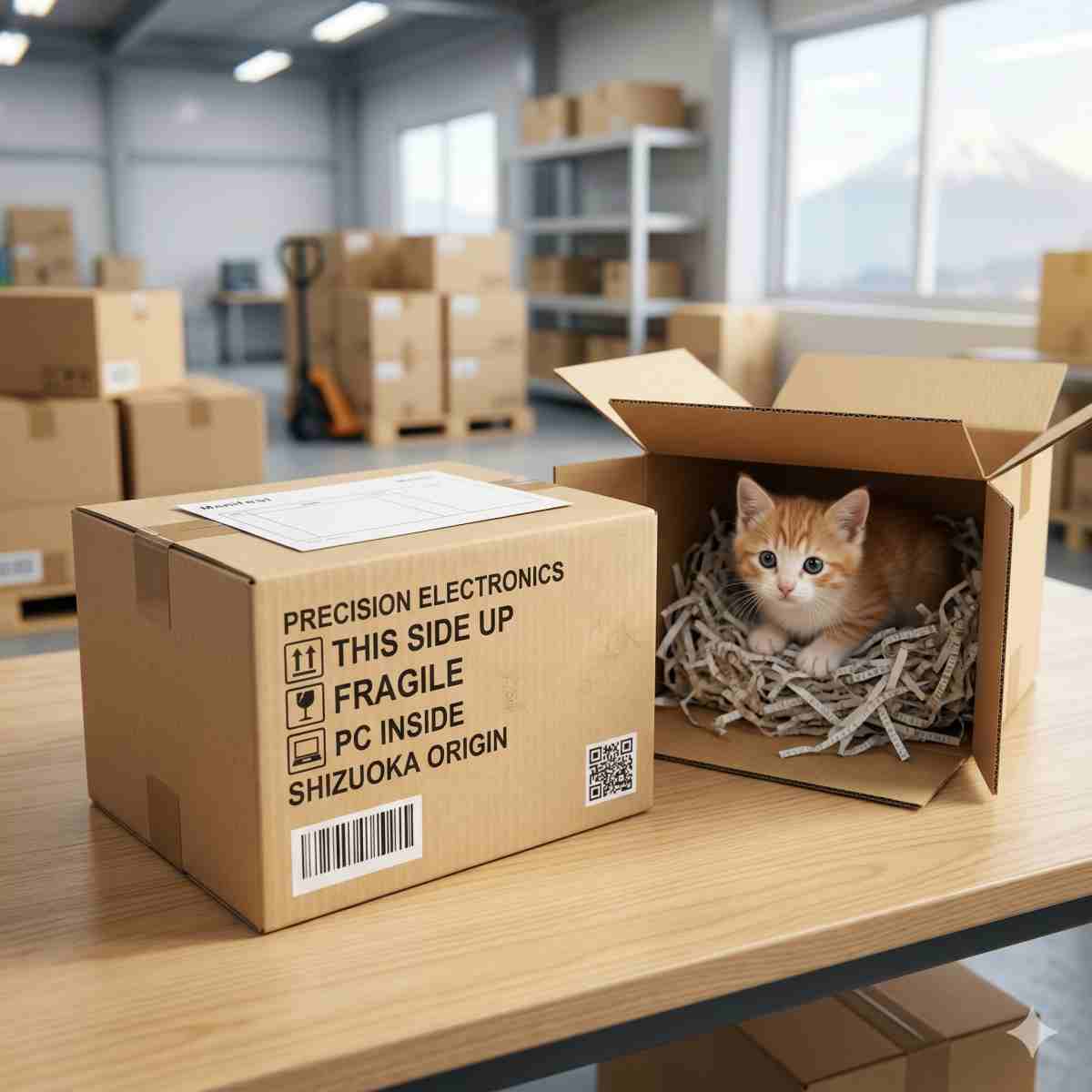 パソコン回収用に綺麗に梱包された段ボール箱。近くの別の箱の中には子猫が収まっており、配送サービスの安心感を表現した高品質な写真。
