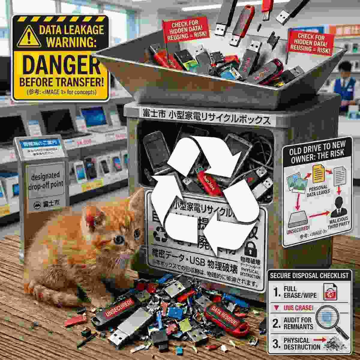 古いUSBメモリの再利用や所有権の移転の前に、隠れたデータのチェックと安全な処分の確保の重要性を強調する警告サインと、横から見守る子猫が特徴的な概念的なインフォグラフィック。
