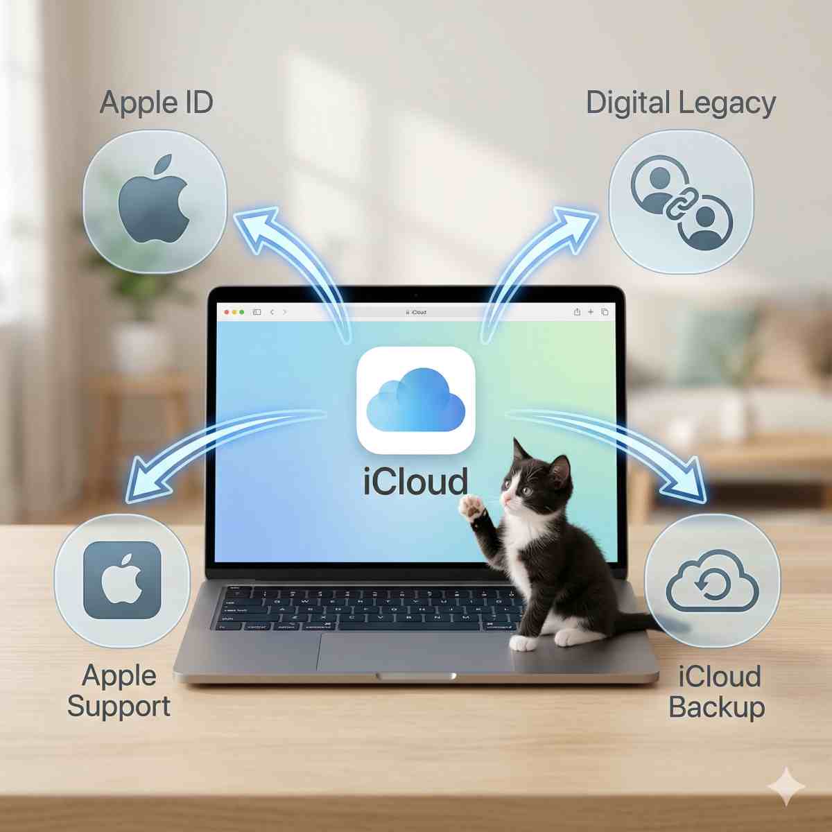 インフォグラフィック（テキスト最小限）。画面に様式化された「iCloud」Webポータルを表示する中央のノートパソコン（一般的な雲と「iCloud」が見える）。画面からの様式化された矢印が4つのバブルを指しています：1. Apple IDアイコン（様式化されたアップルロゴの形状）、2.「デジタル遺産」シンボル（リンク付きの2つのプロフィール）、3. Appleサポートアイコン（様式化されたジーニアスバーの形状）、4.「バックアップ」アイコン（円形の矢印が付いた雲）。好奇心旺盛な白黒の子猫がノートパソコンの画面を足で触れており、注意を引いています。ソフトな色とクリーンなレイアウト。
